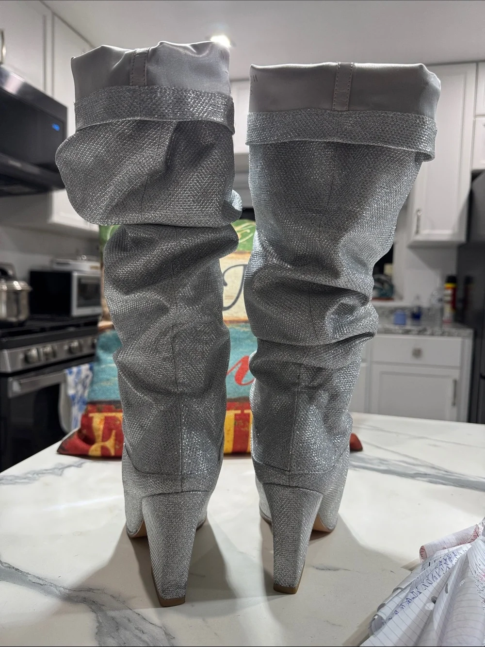 Stuart Weitzman Silver Over-the-Knee Glitter Slouch Boots